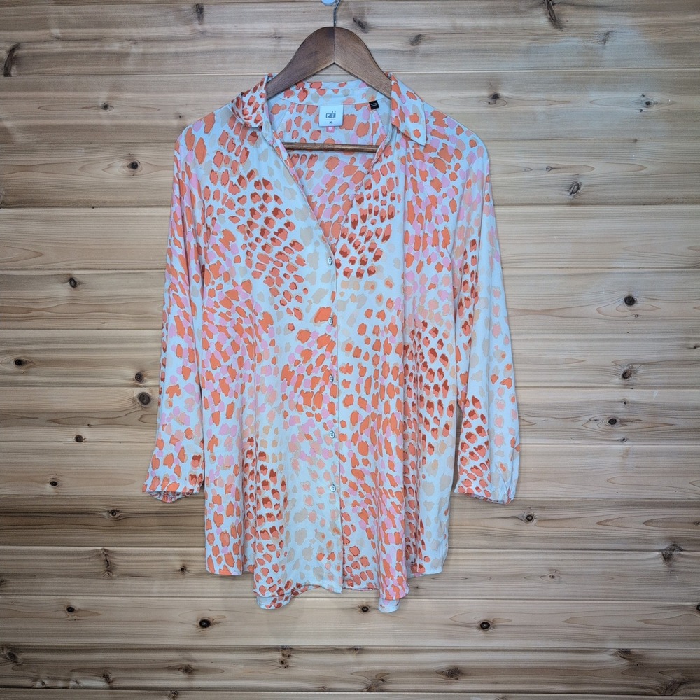 Cabi 6081 Women Orange Pink Abstract Animal Print Button Front Blouse Medium